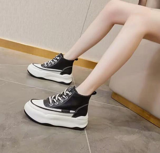 Genuine first-layer cowhide thick-soled small high-top casual sneakers, lightweight, non-slip, slimming and tall women's shoes, size 35 korean chunky rubbershoeshighheels