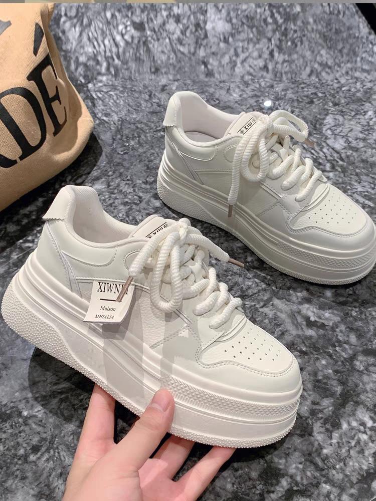 5cm thick sole increased genuine leather sneakers for women 2024 new autumn casual versatile thick sole panda platform shoes white shoes Girl Walking Shoes