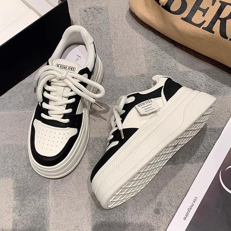 5cm thick sole increased genuine leather sneakers for women 2024 new autumn casual versatile thick sole panda platform shoes white shoes Girl Walking Shoes