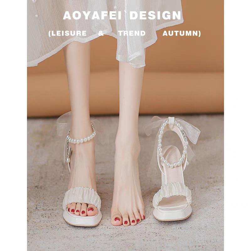 2024New Medium Thick heel Crystal French Fairy Pearl Roman Sandales Mesh High heels Female Summer Footwear walking Shoes Nail Girls snake heels sandalslongstrings