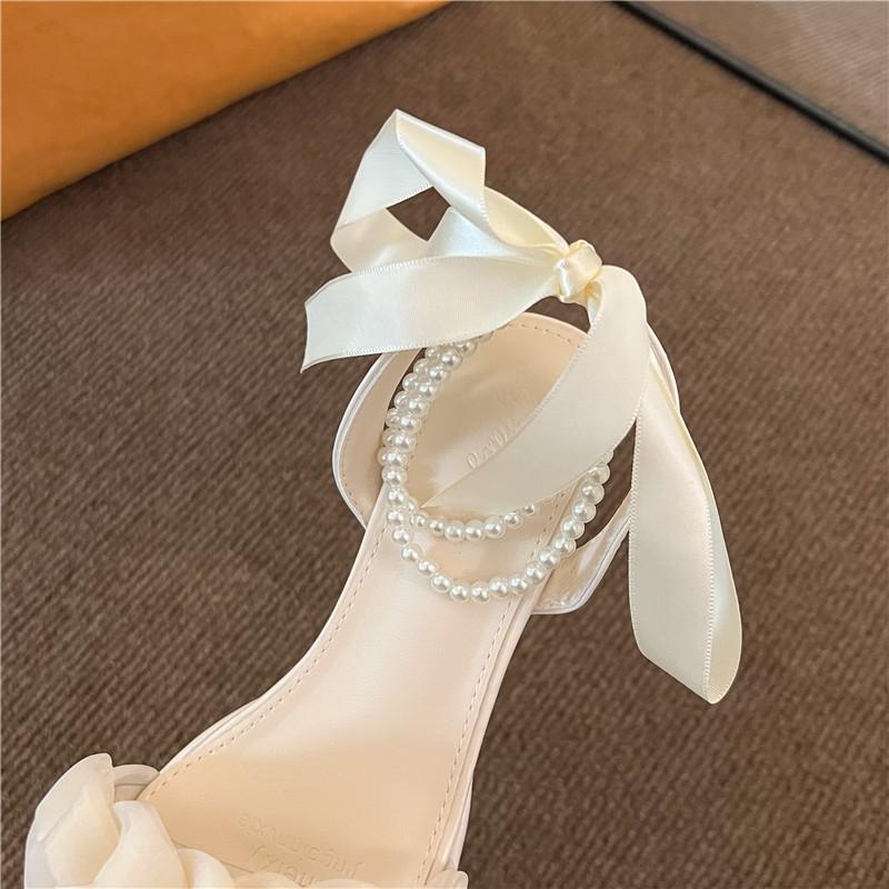 2024New Medium Thick heel Crystal French Fairy Pearl Roman Sandales Mesh High heels Female Summer Footwear walking Shoes Nail Girls snake heels sandalslongstrings