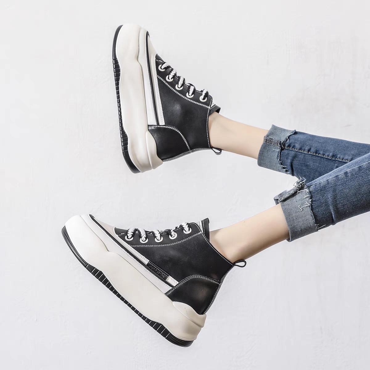 Genuine first-layer cowhide thick-soled small high-top casual sneakers, lightweight, non-slip, slimming and tall women's shoes, size 35 korean chunky rubbershoeshighheels