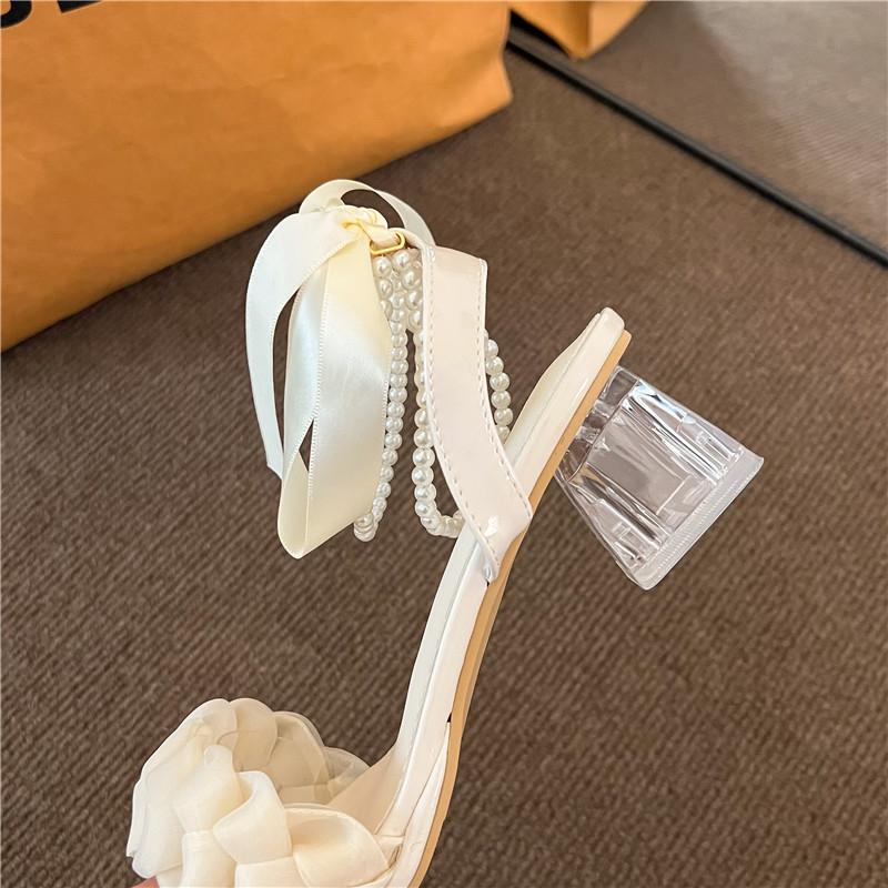 2024New Medium Thick heel Crystal French Fairy Pearl Roman Sandales Mesh High heels Female Summer Footwear walking Shoes Nail Girls snake heels sandalslongstrings